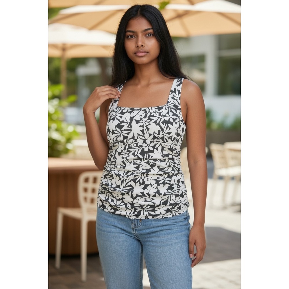 Black and White Floral Hibiscus Tankini Swim Top Square Neck Ruched Sides